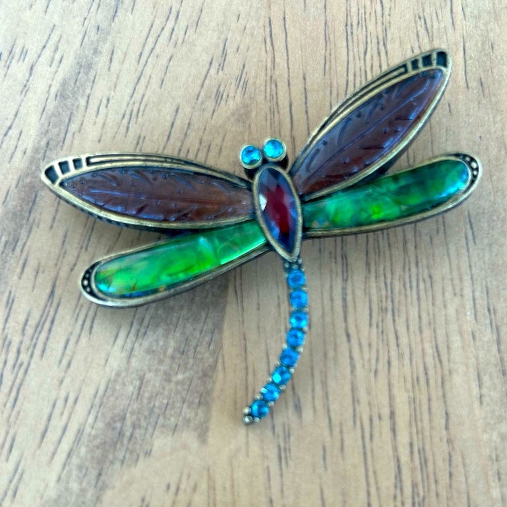 Liz Claiborne Signed LC Vintage DragonFly Broock/Pin Crystal Stone Green brown